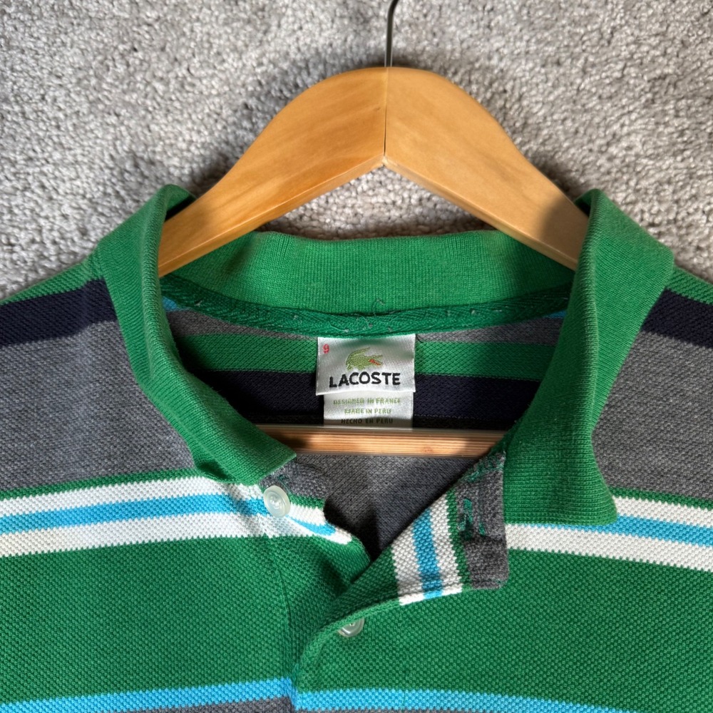 Lacoste Striped‎ Polo Shirt Mens Green Gray Blue White Size 9 Cotton - Picture 6 of 8